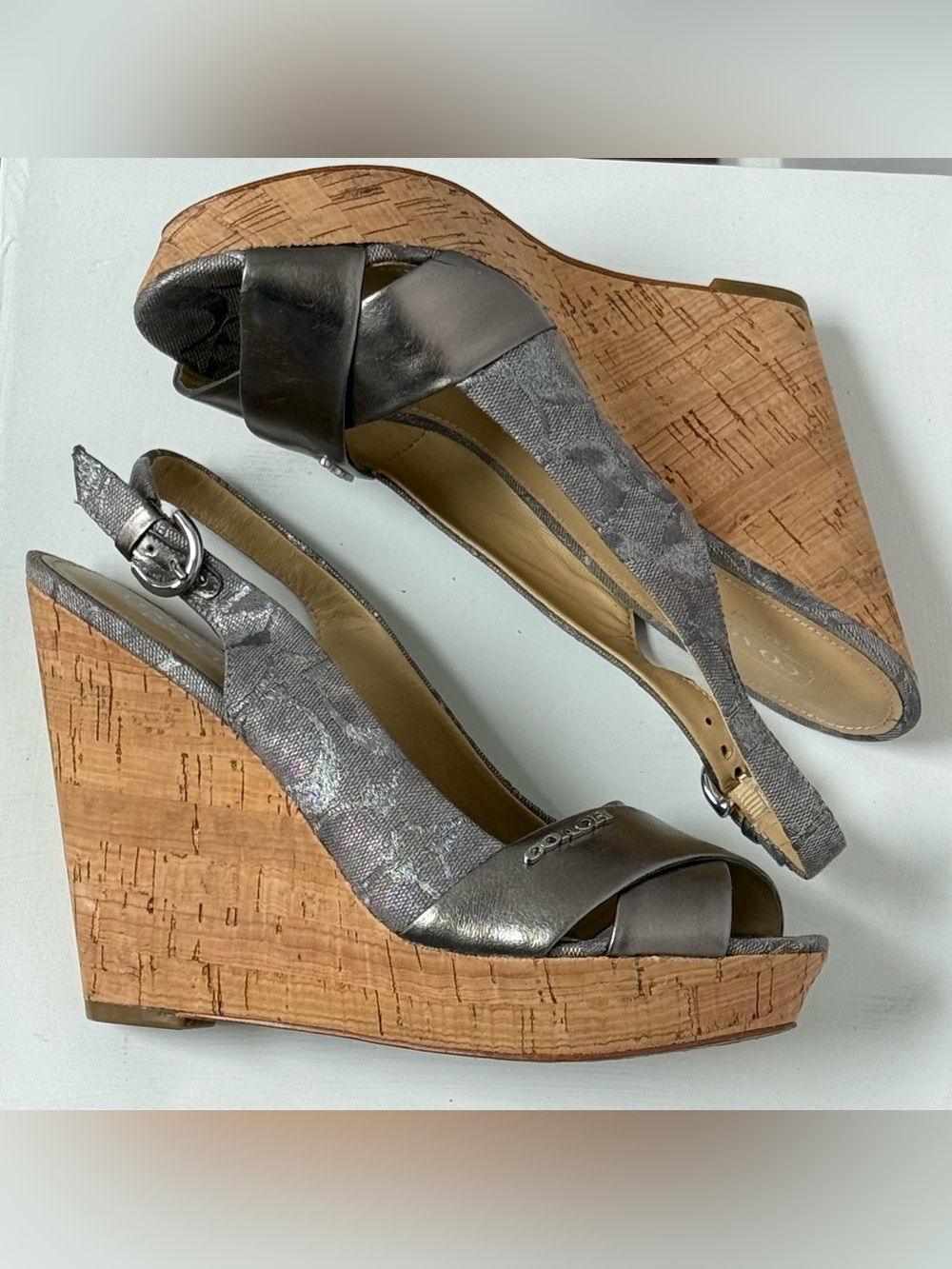 Coach Jessy Monogram Open-Toe Slingback, Cork Wedge Heel